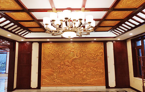 吉州中式别墅客厅中式木作横梁吊顶装饰展示